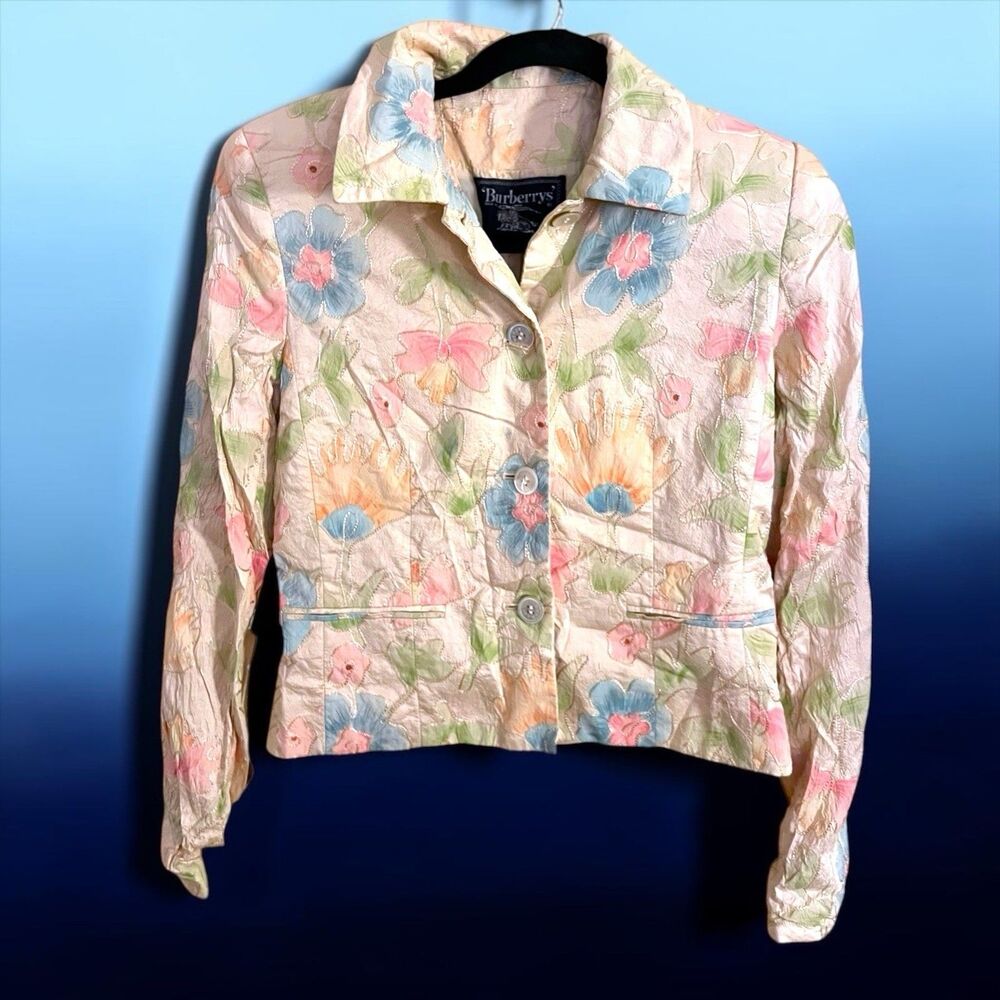 Vintage Burberrys London Silk Embroidered Floral Blazer Jacket USA 2 Pink Blue
